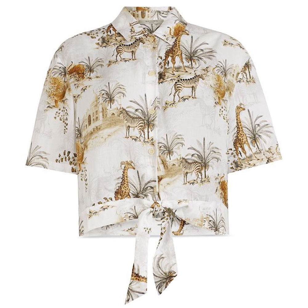AllSaints Leni Tajpur Cropped Tie Front Safari Print Shirt Size 6